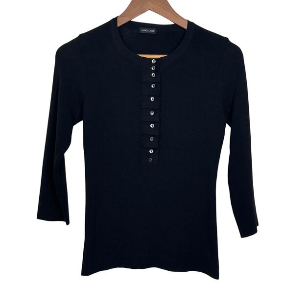 Anne Claire Size 44 US Small Black 100% Merino Wool Button Up Henley Sweater - Picture 1 of 6